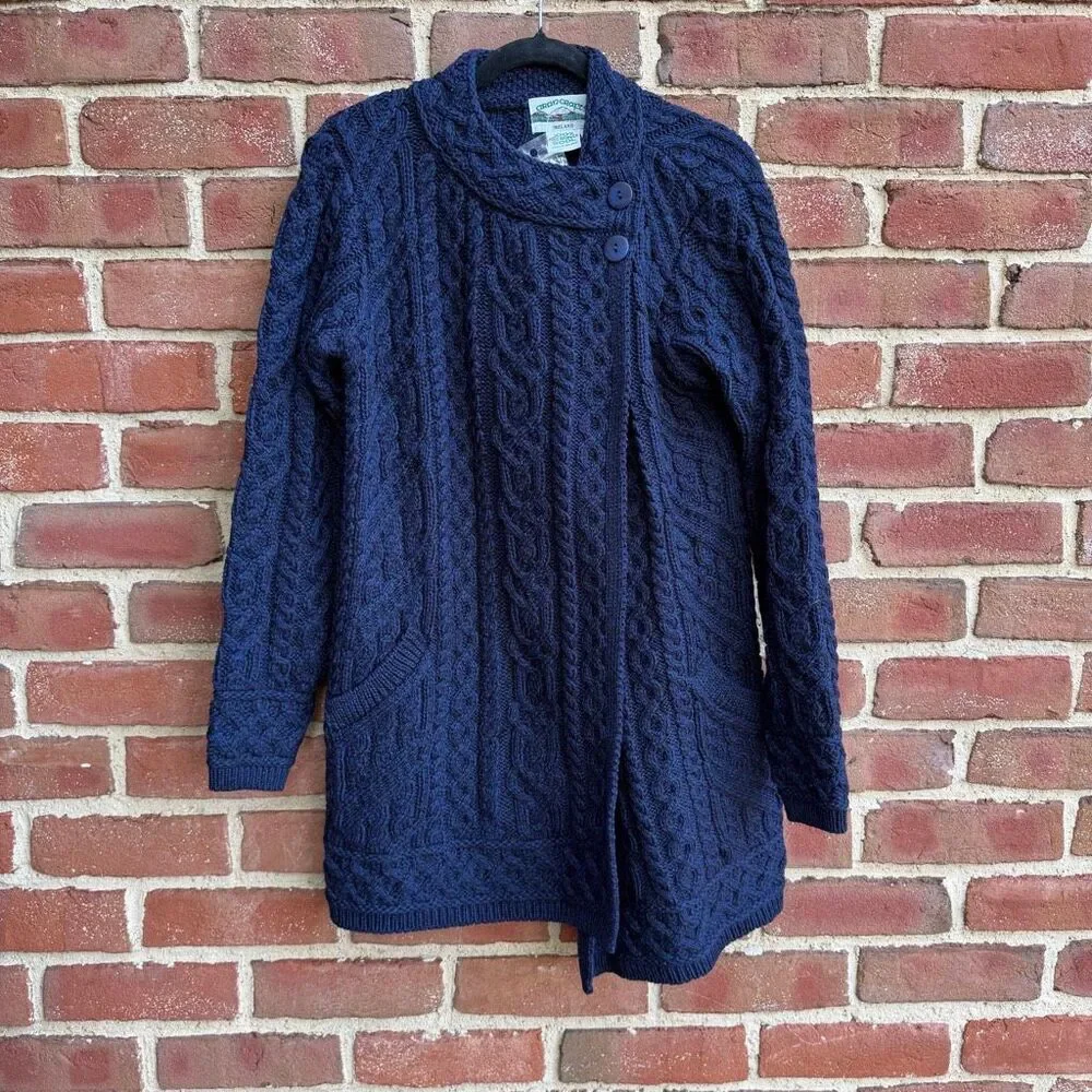 Aran Crafts Women's Cable Knit Merino Wool Cardigan Sweater Navy XL NWOT